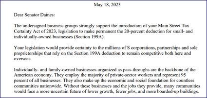 Coalition letter on Section 199A legislation