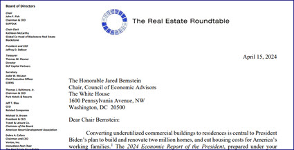 Real Estate Roundtable letter on property conversions April 15, 2024