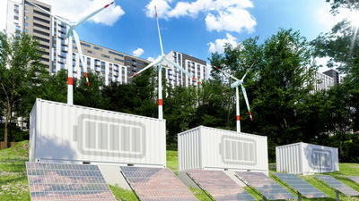 Sustainable Renewable Energy Concept With Wind Turbines, Solar Panels And City Buildings Background.